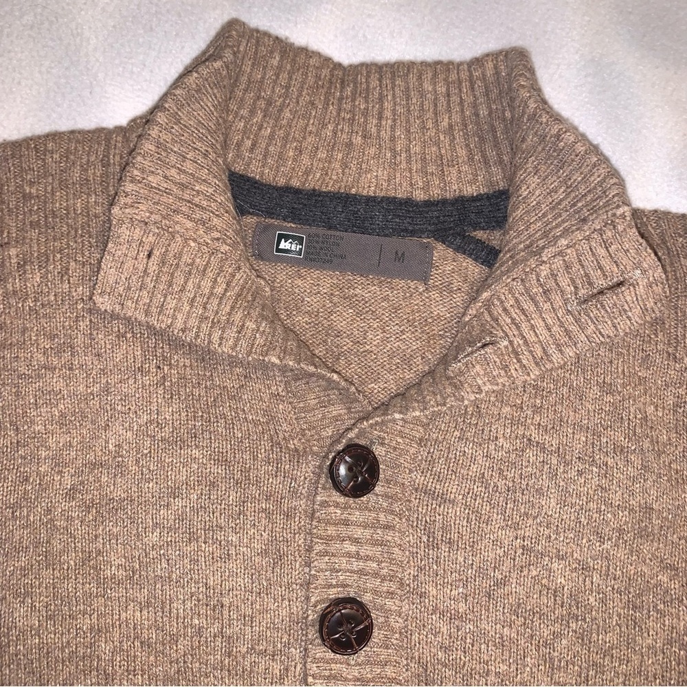 Vintage REI Fisherman Knit Sweater 1/4 Button Mens Medium Tan Preppy Grandpa
